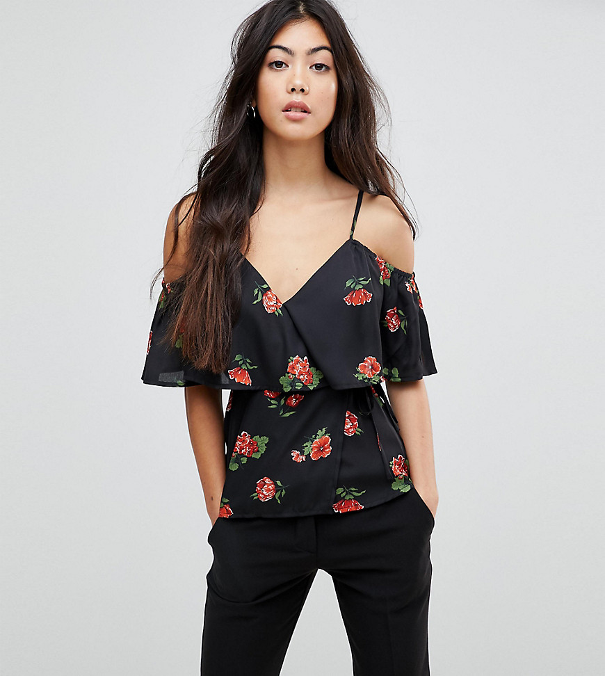 Fashion Union Petite Floral Print Cold Shoulder Cami Wrap Top In Country Rose Print - Black multi