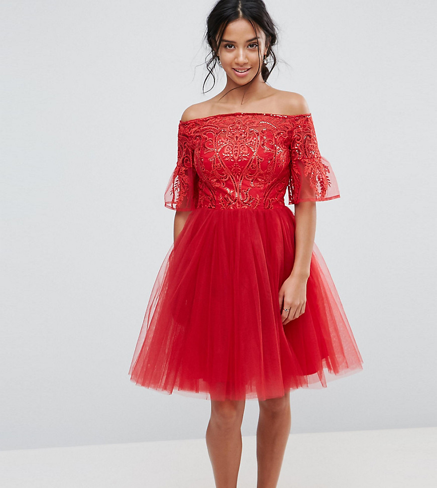 Chi Chi London Petite Tulle Midi Prom Dress With Lace Fluted Sleeves
