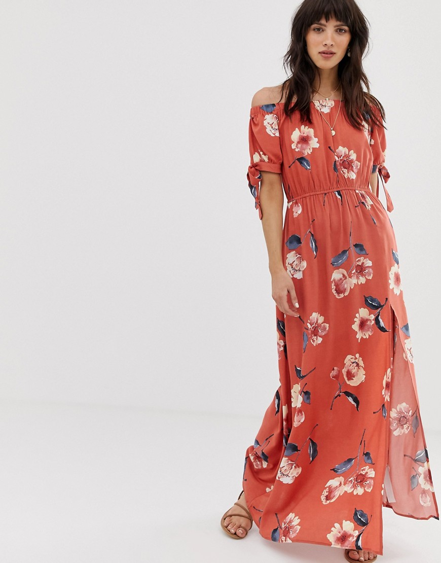 Band Of Gypsies Off Shoulder Maxi Dress With Tie Sleeves In Red Floral Print