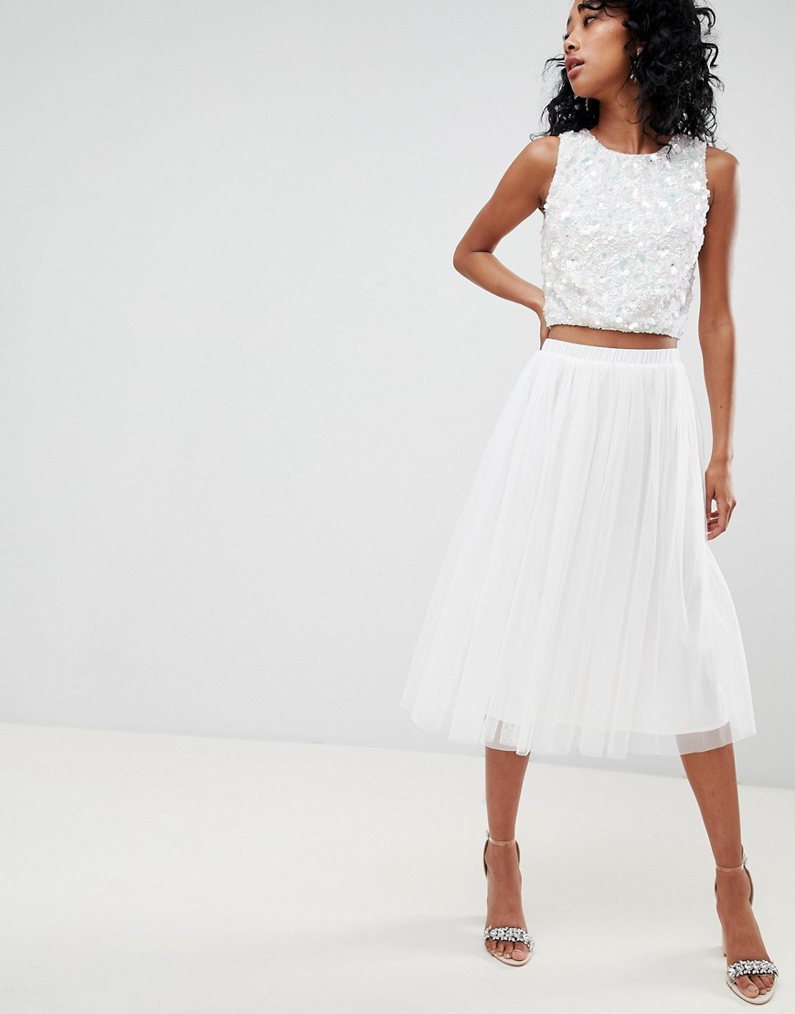 Lace & Beads tulle midi skirt in white