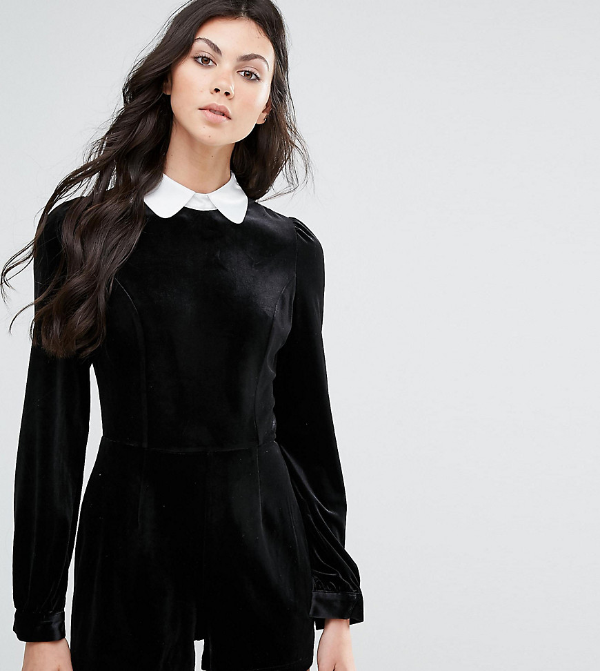Fashion Union Tall Velvet Playsuit With Contrast Collar And Tie Detail Detail - Black