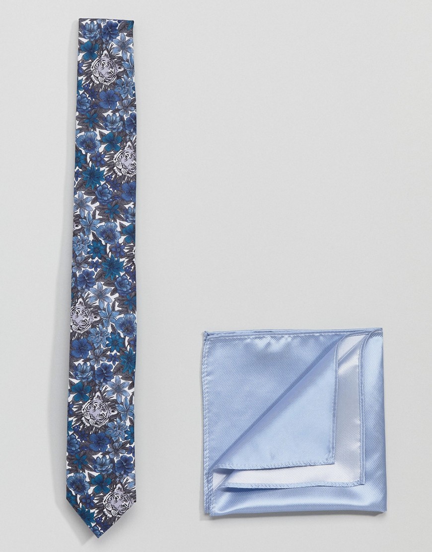 Gianni Feraud Libery Print Tiger Tie and Plain Pocket Square - Navy