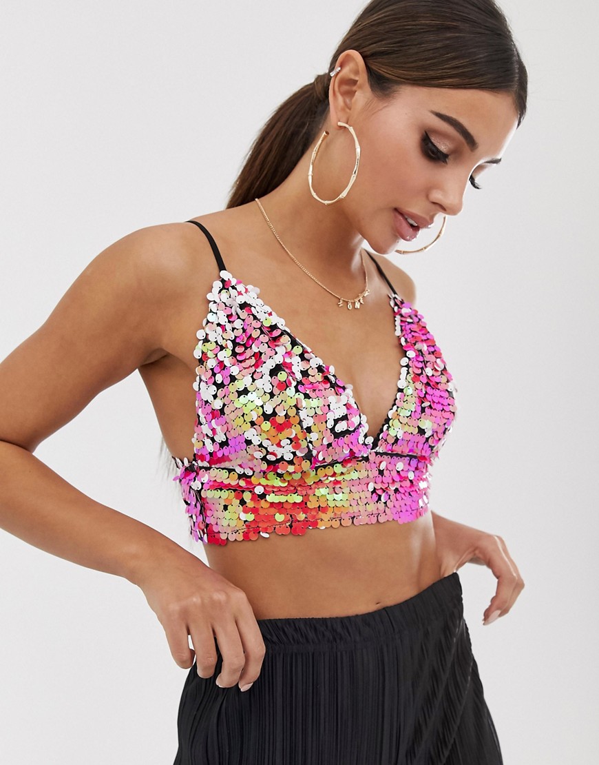 PrettyLittleThing festival sequin bralet in orange and pink