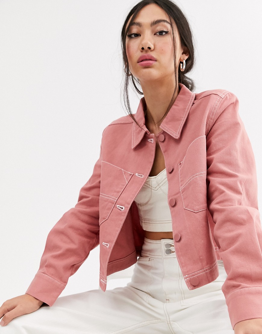 Monki utility button up jacket in pink