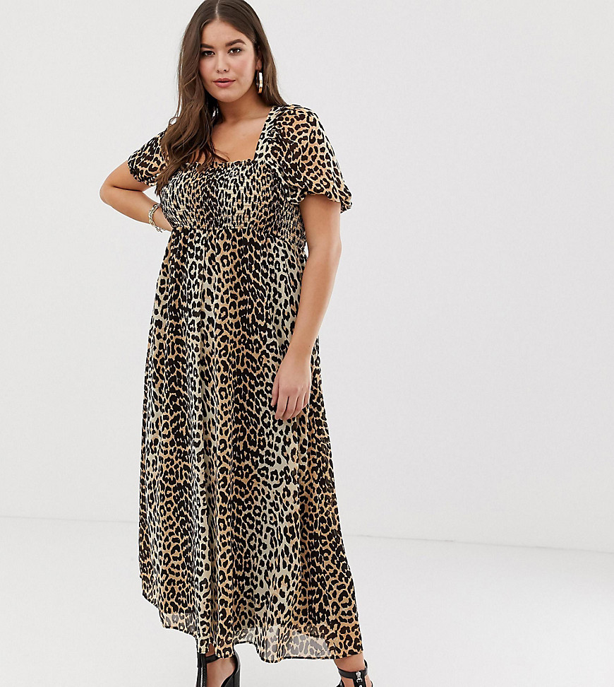 ASOS DESIGN Curve shirred bustier maxi dress with puff sleeve in animal print