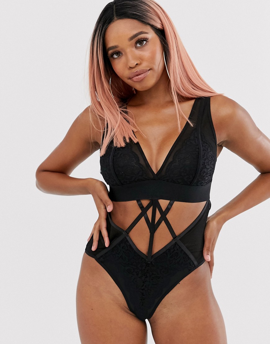 Tutti Rougette Erin lace and mesh cutout back bodysuit in black