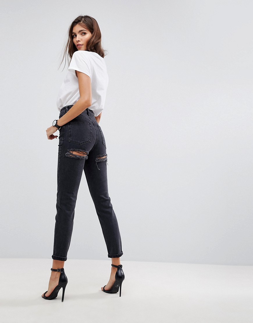 ASOS DESIGN Farleigh high waist slim mom jeans in washed black with bum rips - Washed black