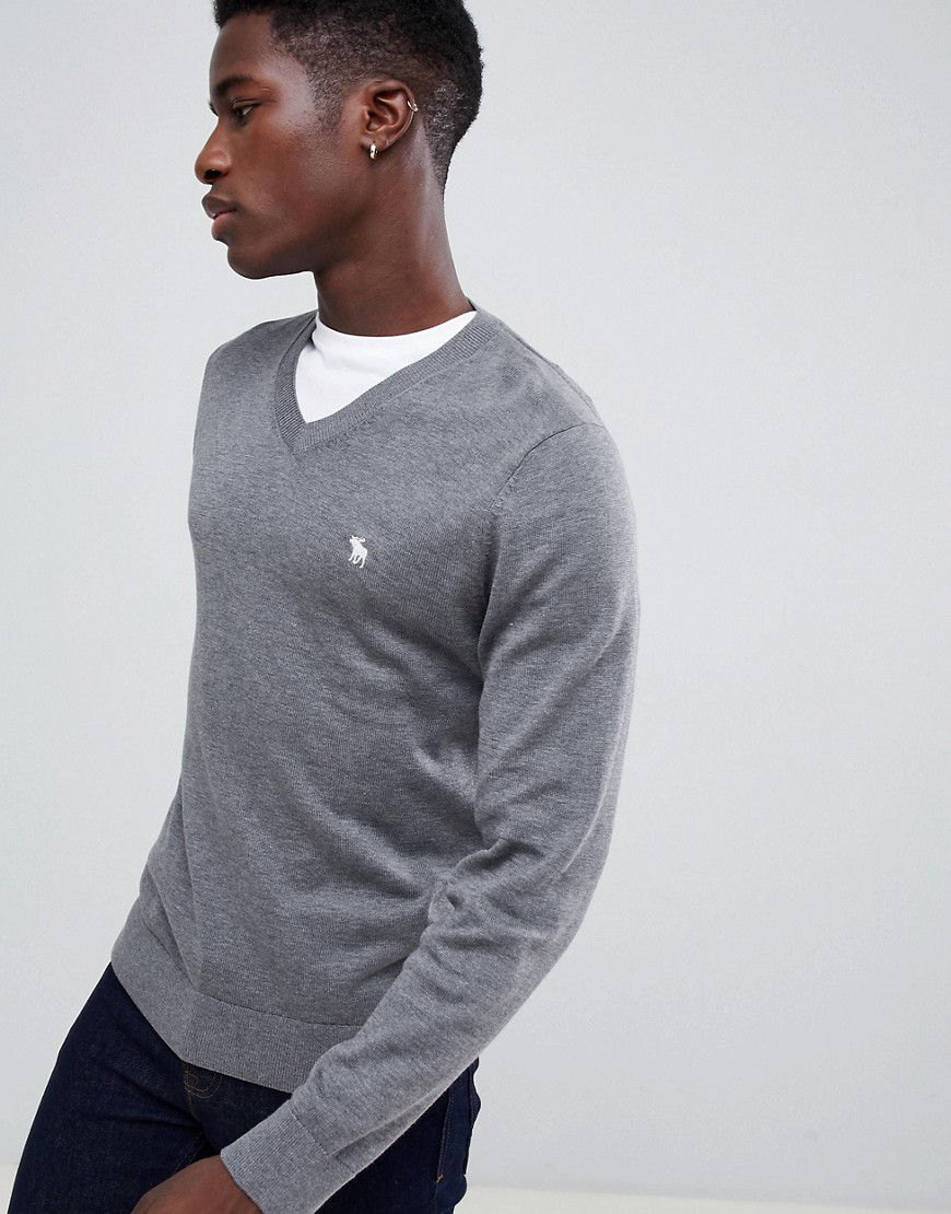Abercrombie & Fitch core icon logo v-neck knit jumper in grey marl