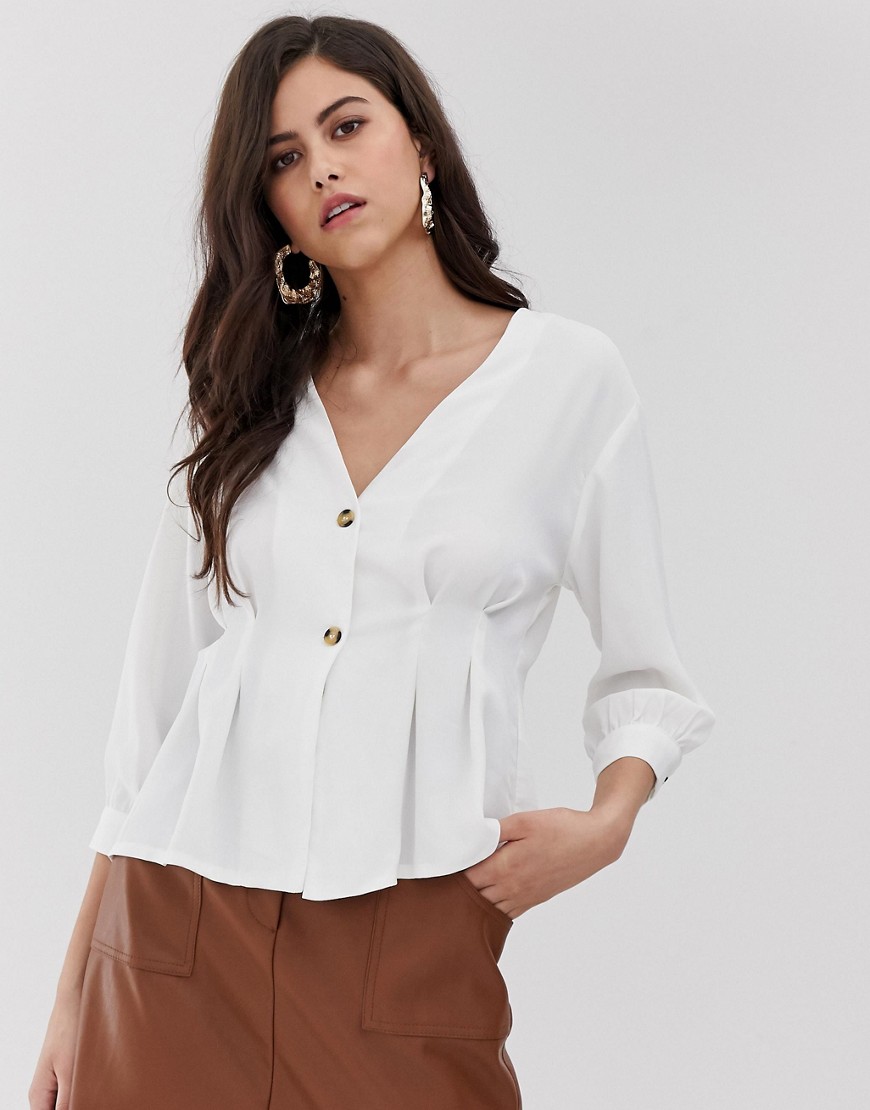 Vila button through waist detail blouse in cream