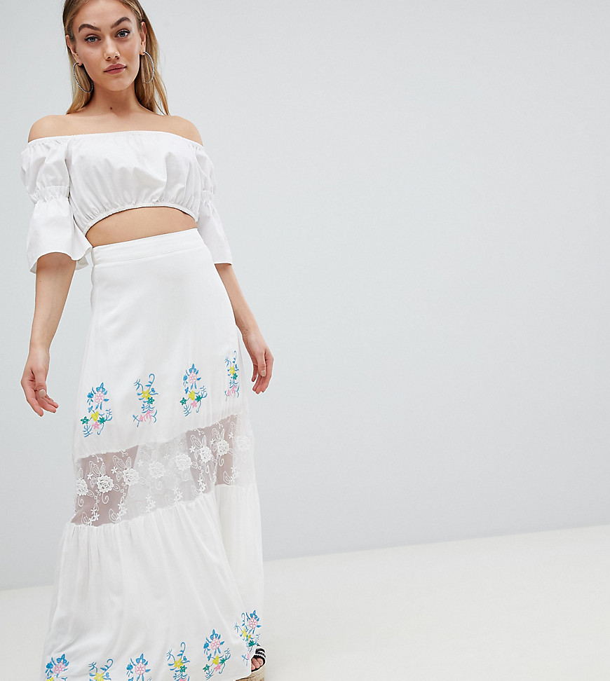 Boohoo Embroidered Lace Insert Tiered Maxi Skirt