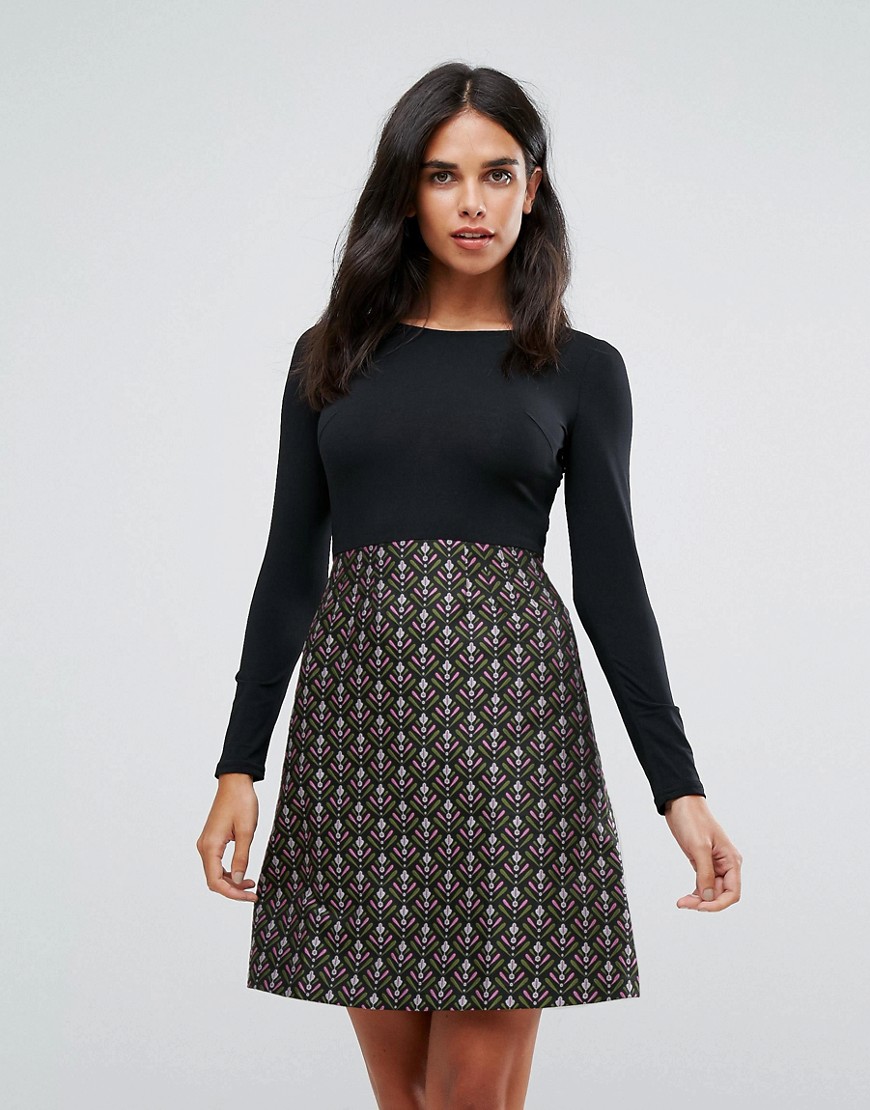 Traffic People Double Take Dress With Jacquard Skirt - Black/pink