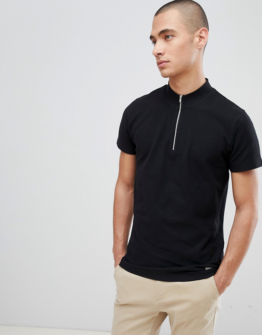 Lindbergh T-Shirt In Black Pique With Zip Neck