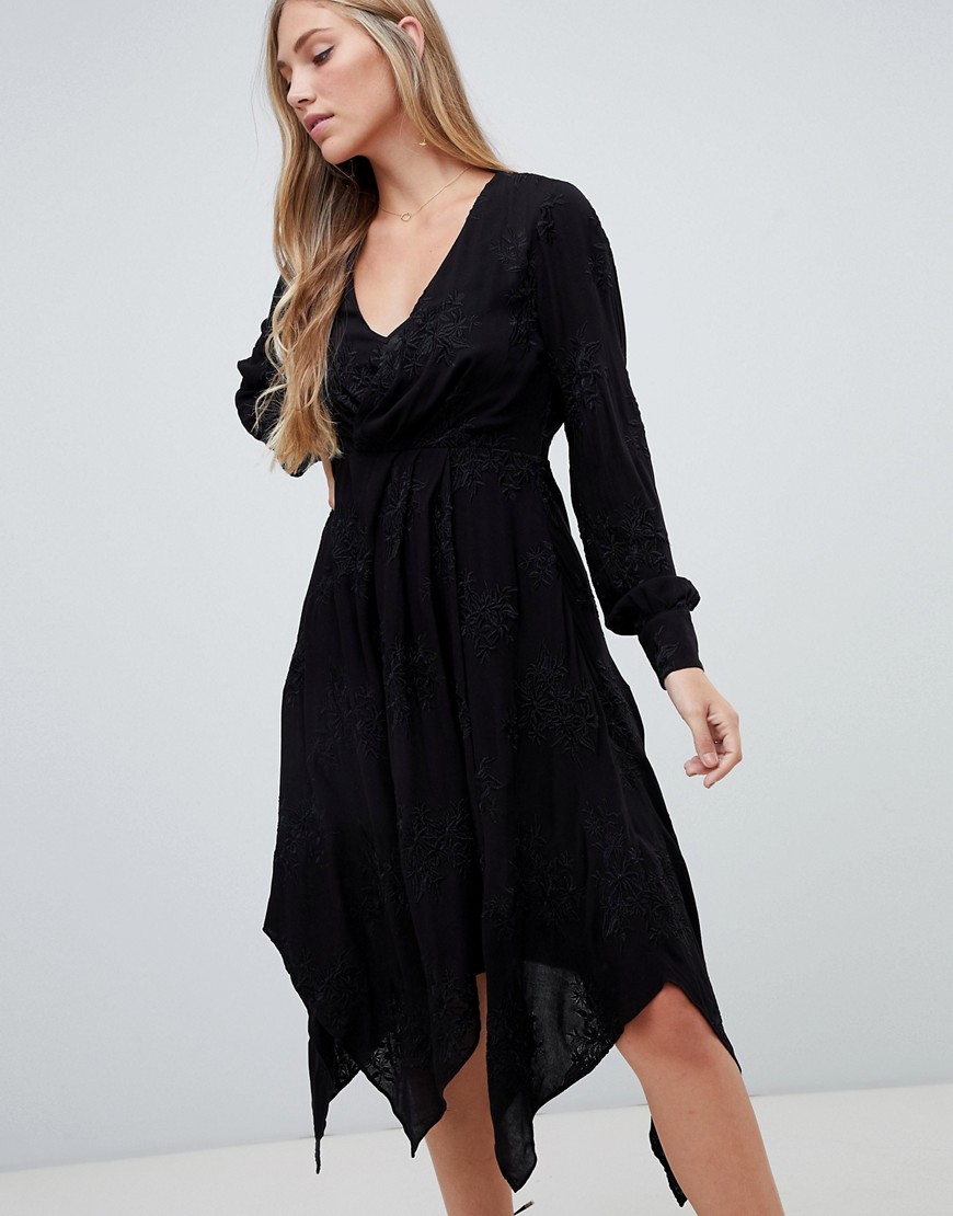 Forever New embroidered midi wrap dress in black