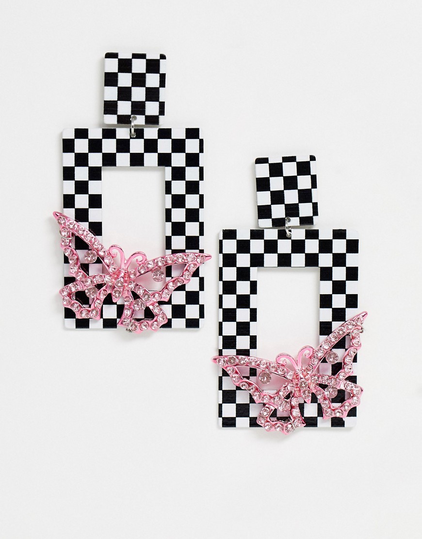 Asos Design Earrings In Checkerboard With Pink Butterfly Detail-multi