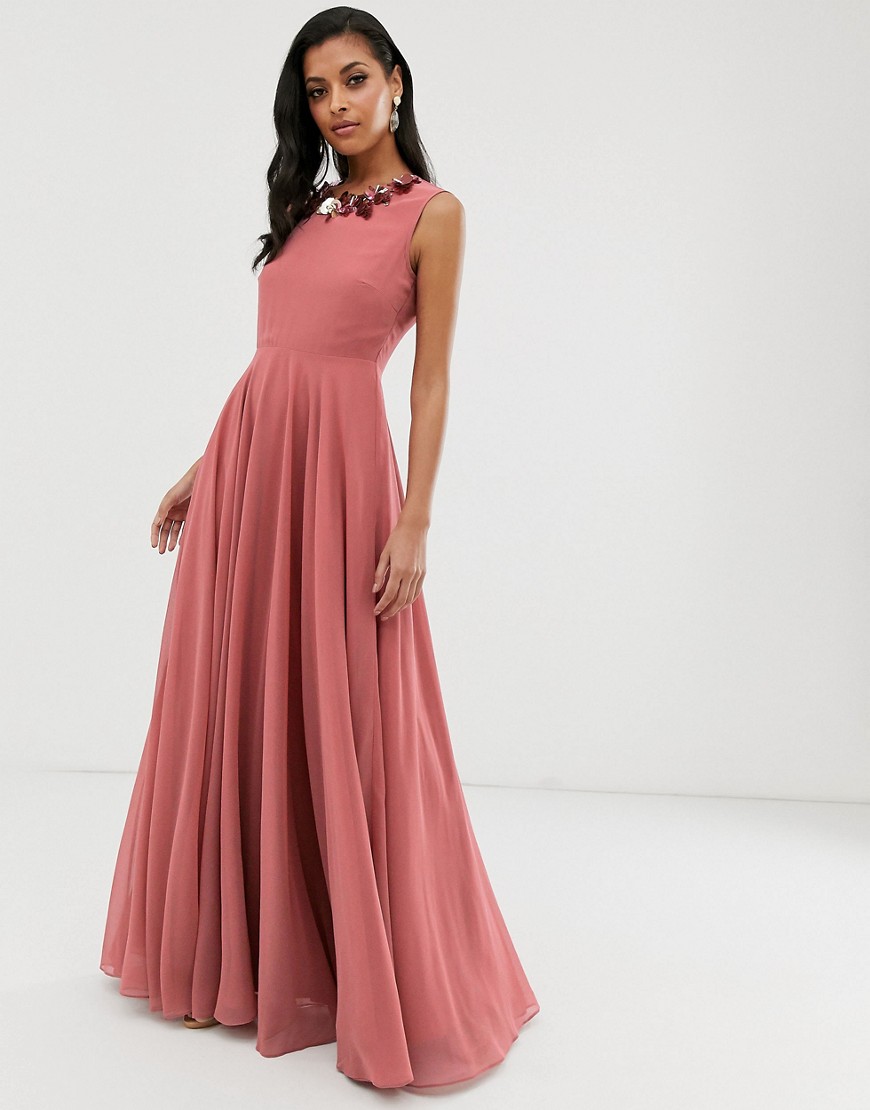 Asos Design Maxi Dress With 3d Embellished Neckline-pink