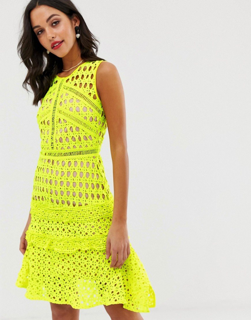 Liquorish panelled lace dress with ruffle detail in neon yellow