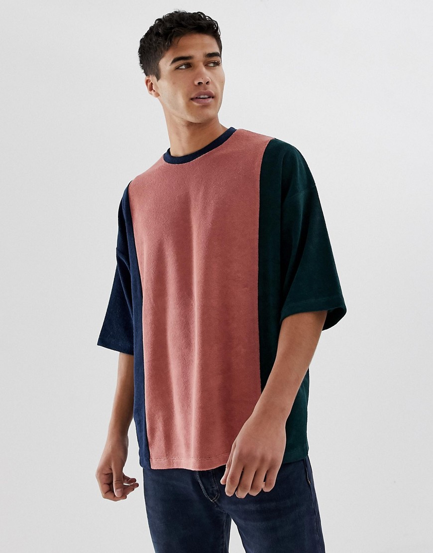 Asos Design Oversized T-shirt With Half Sleeve In Towelling With Vertical Colour Block-pink