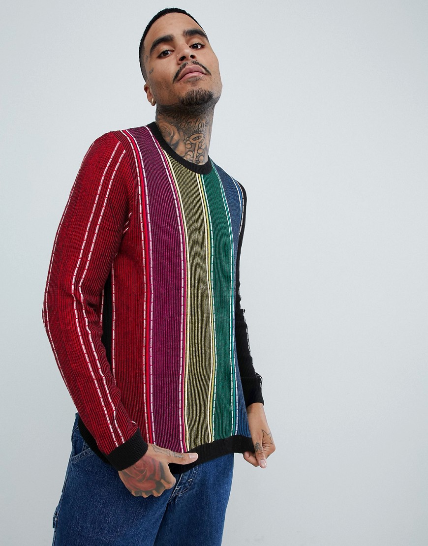 Asos Design Knitted Ribbed Jumper With Vertical Rainbow Stripes - Multi