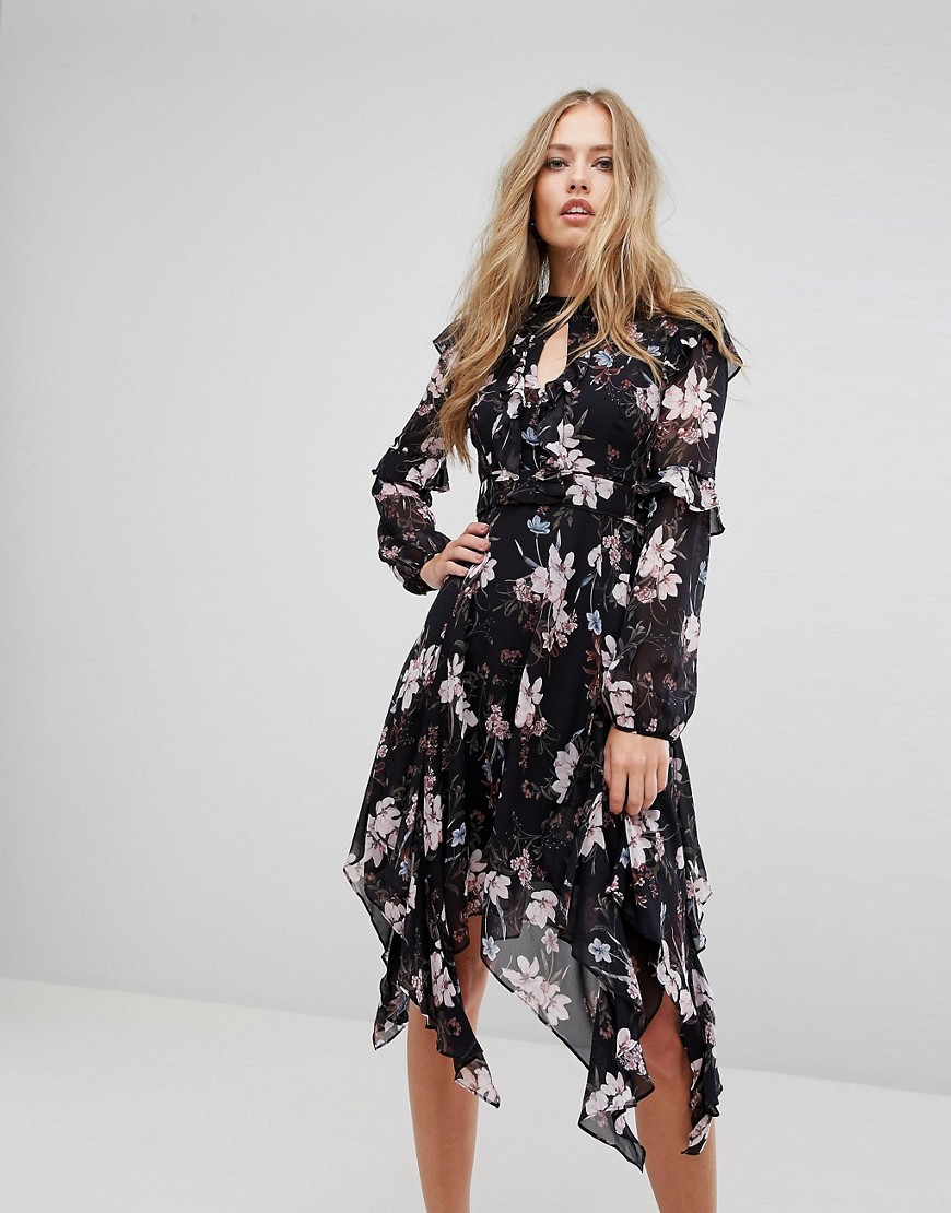 Forever New Floral Midi Dress with Frill Detail and Hanky Hem