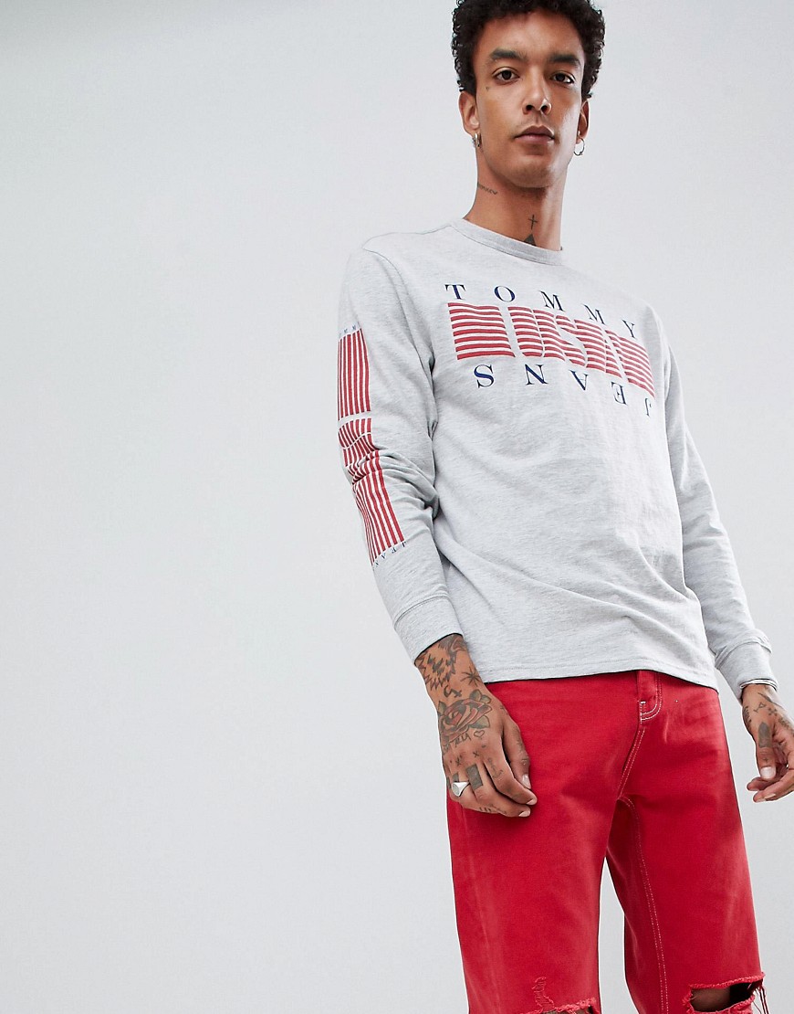 Tommy Jeans stripe usa logo chest & sleeve print long sleeve top in grey marl - Light grey heather