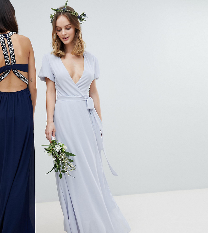 TFNC Petite Wrap Maxi Bridesmaid Dress With Tie Detail And Puff Sleeves