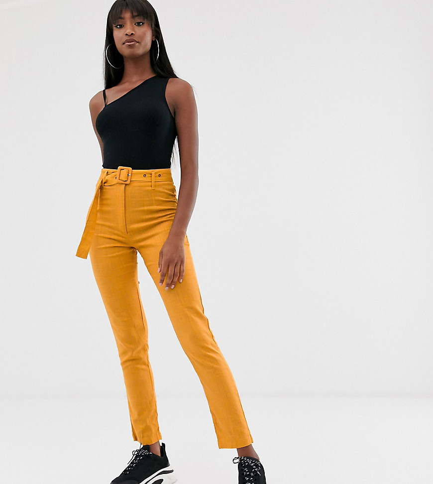 Missguided Tall belted linen trouser in mustard