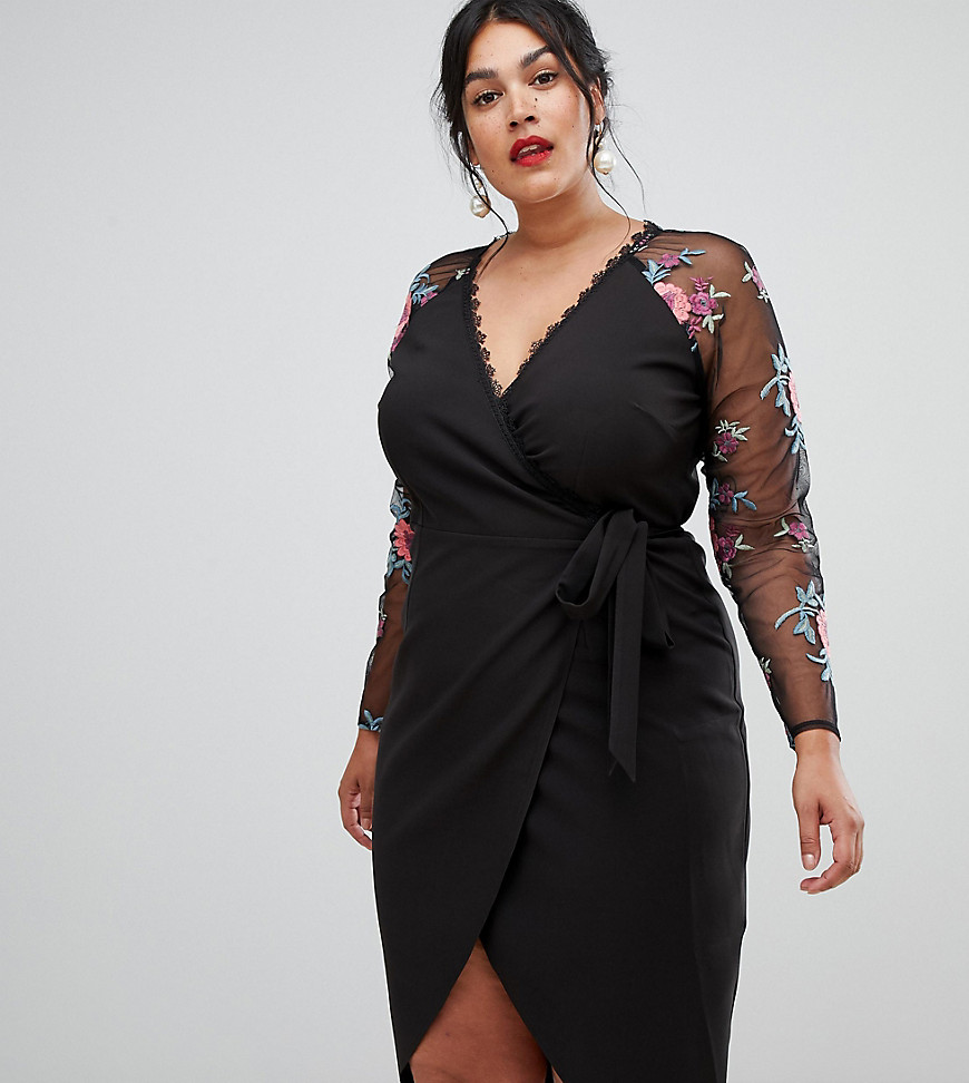 Little Mistress Plus wrapover pencil dress with embroidered sleeve detail