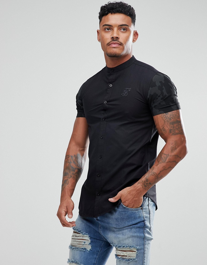 SikSilk muscle shirt in black with camo sleeves