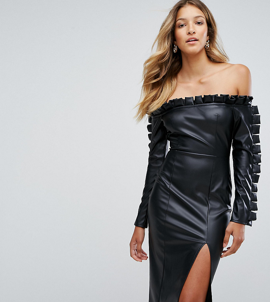 Missguided Leather Look Ruffle Bardot Pencil Dress - Black
