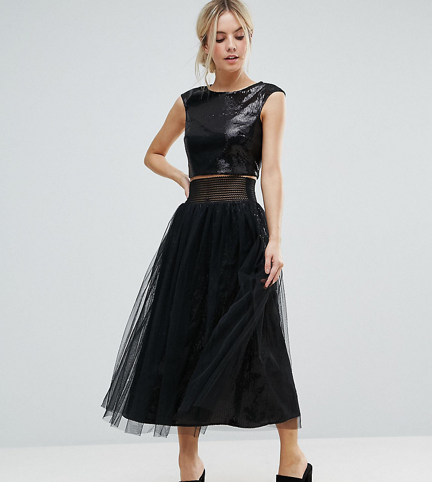 Little Mistress Petite Allover Sequin Midi Skirt With Mesh Tulle Overlay - Black