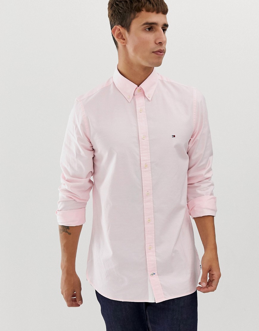 Tommy Hilfiger button down oxford shirt slim fit with pique flag logo in pink