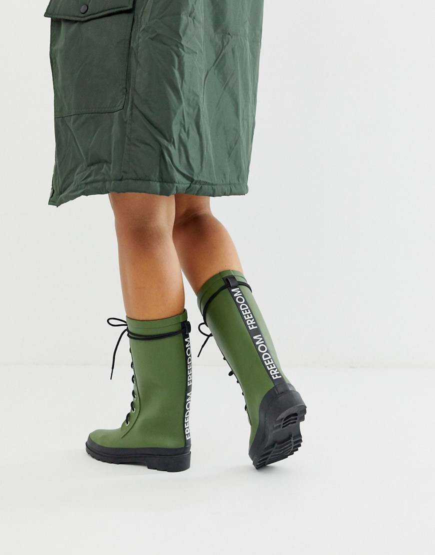 ASOS DESIGN Ground chunky lace up rain boot in khaki
