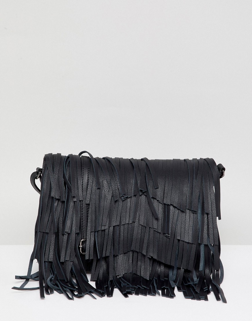 Urbancode leather cross body bag with detachable fringing - Black