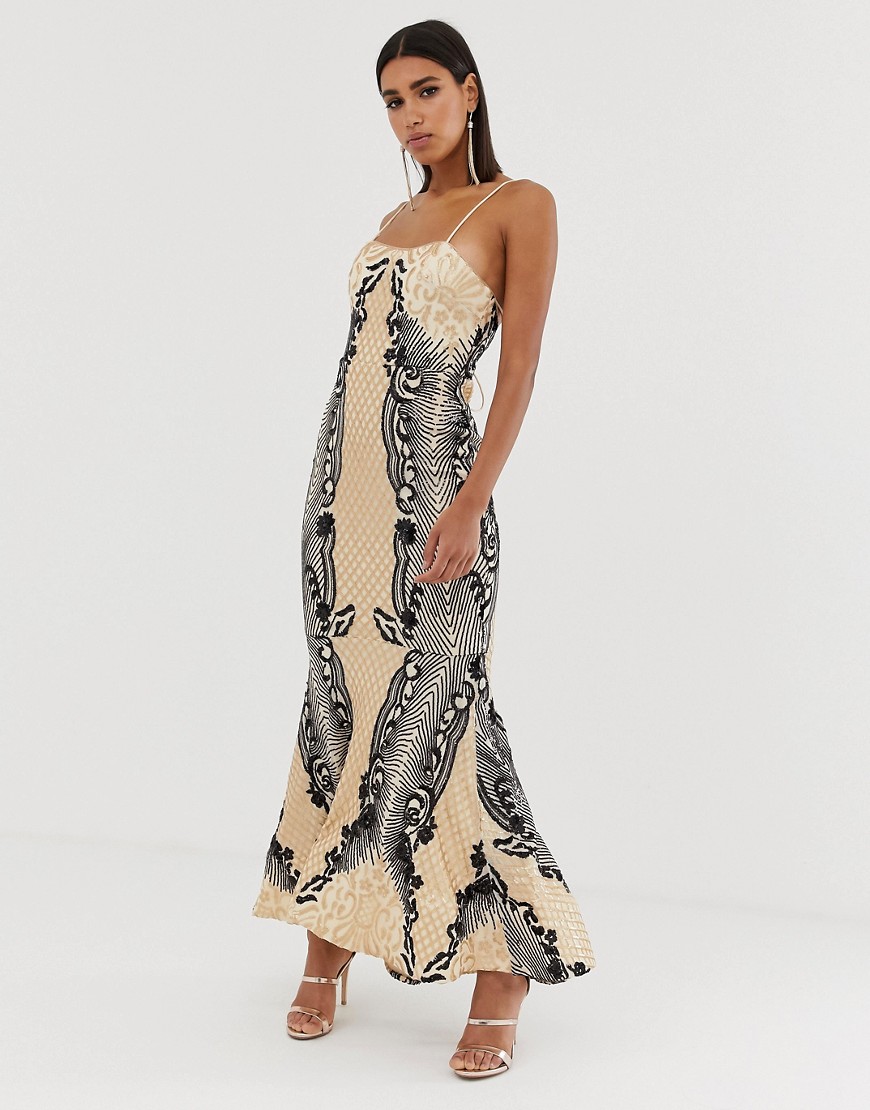Bariano Embellished Patterned Sequin Fishtail Maxi Dress With Strappy Back In Mutli-multi