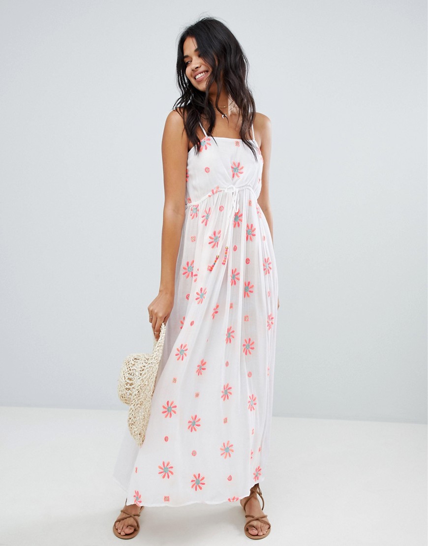 Anmol Floral Embroidered Maxi Beach Dress With Floral Embellishment - White