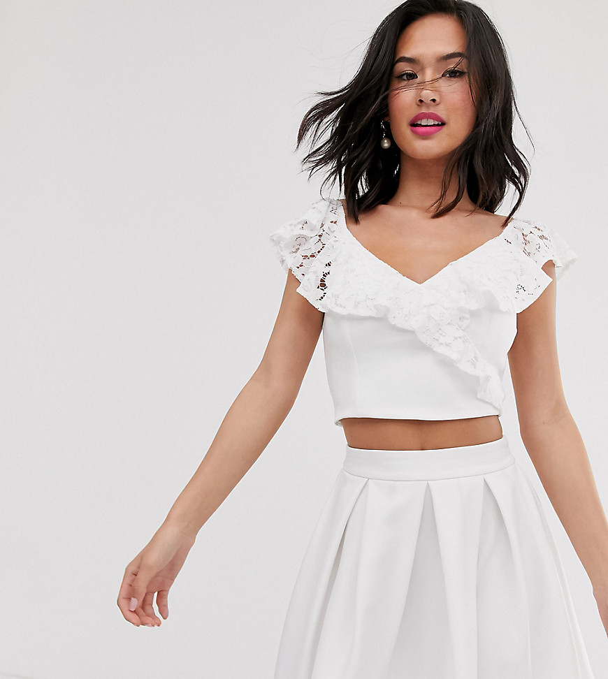 Laced In Love scuba lace frill crop top in white