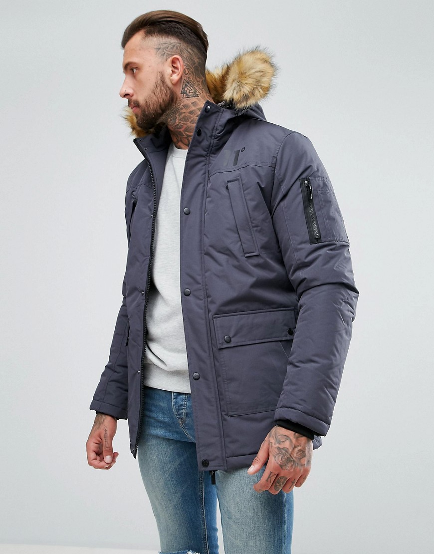 11 Degrees Parka In Grey With Faux Fur Hood - Grey