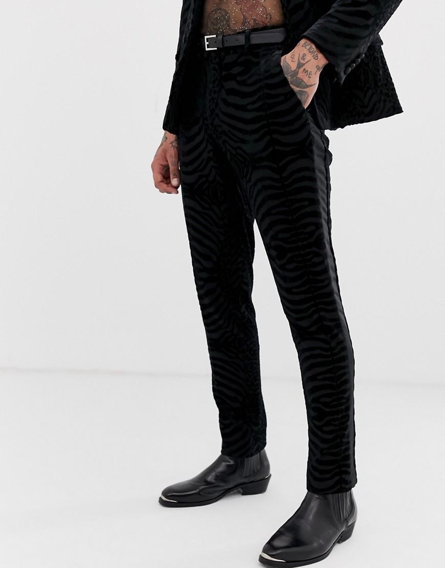 ASOS DESIGN skinny tuxedo suit trousers in black tiger glitter velvet