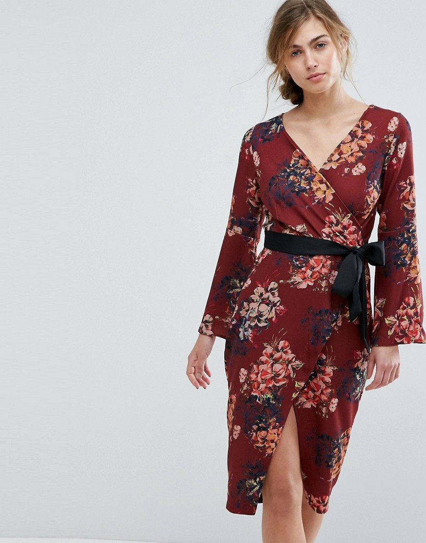Closet London Allover Floral Wrap Pencil Dress With Belt - Brown multi