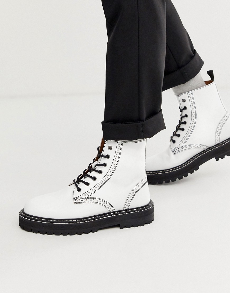 Asos Design Lace Up Brogue Boots In White Leather With Black Chunky Sole
