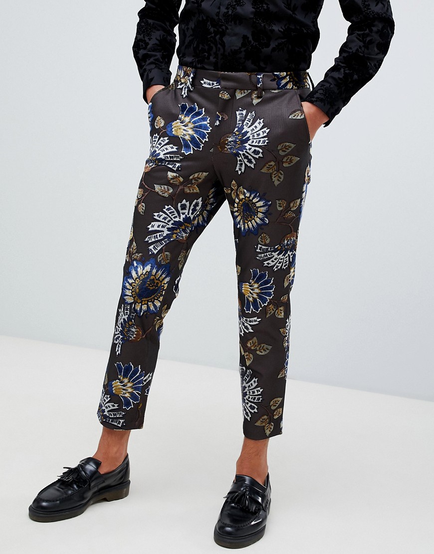 ASOS DESIGN skinny crop smart trouser in brown with floral flocking