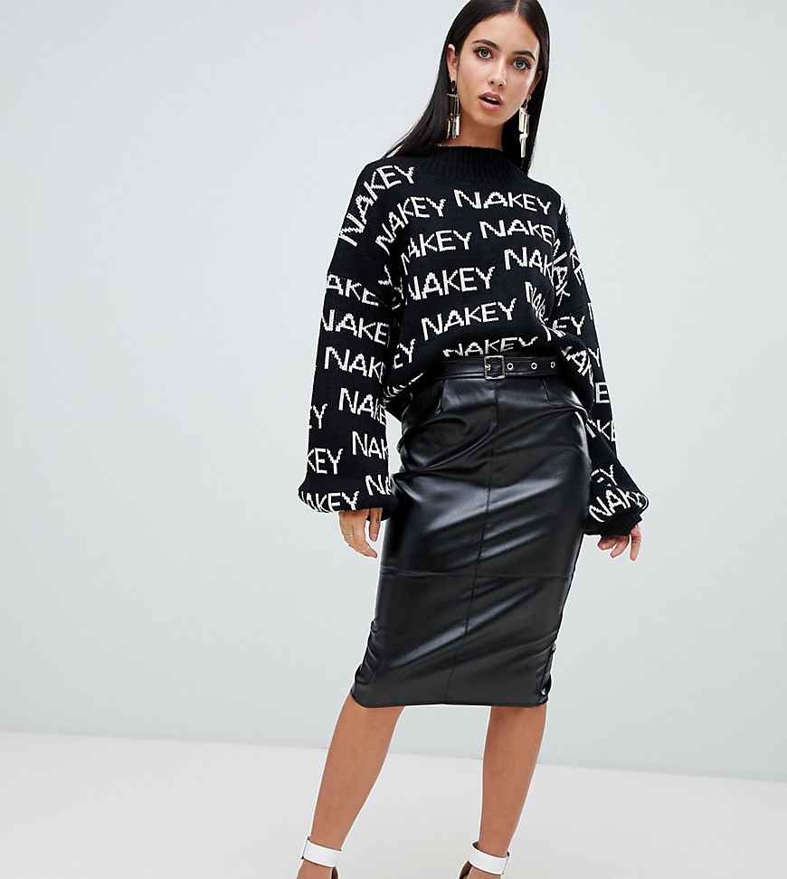 Missguided faux leather midi skirt with buckle detail in black