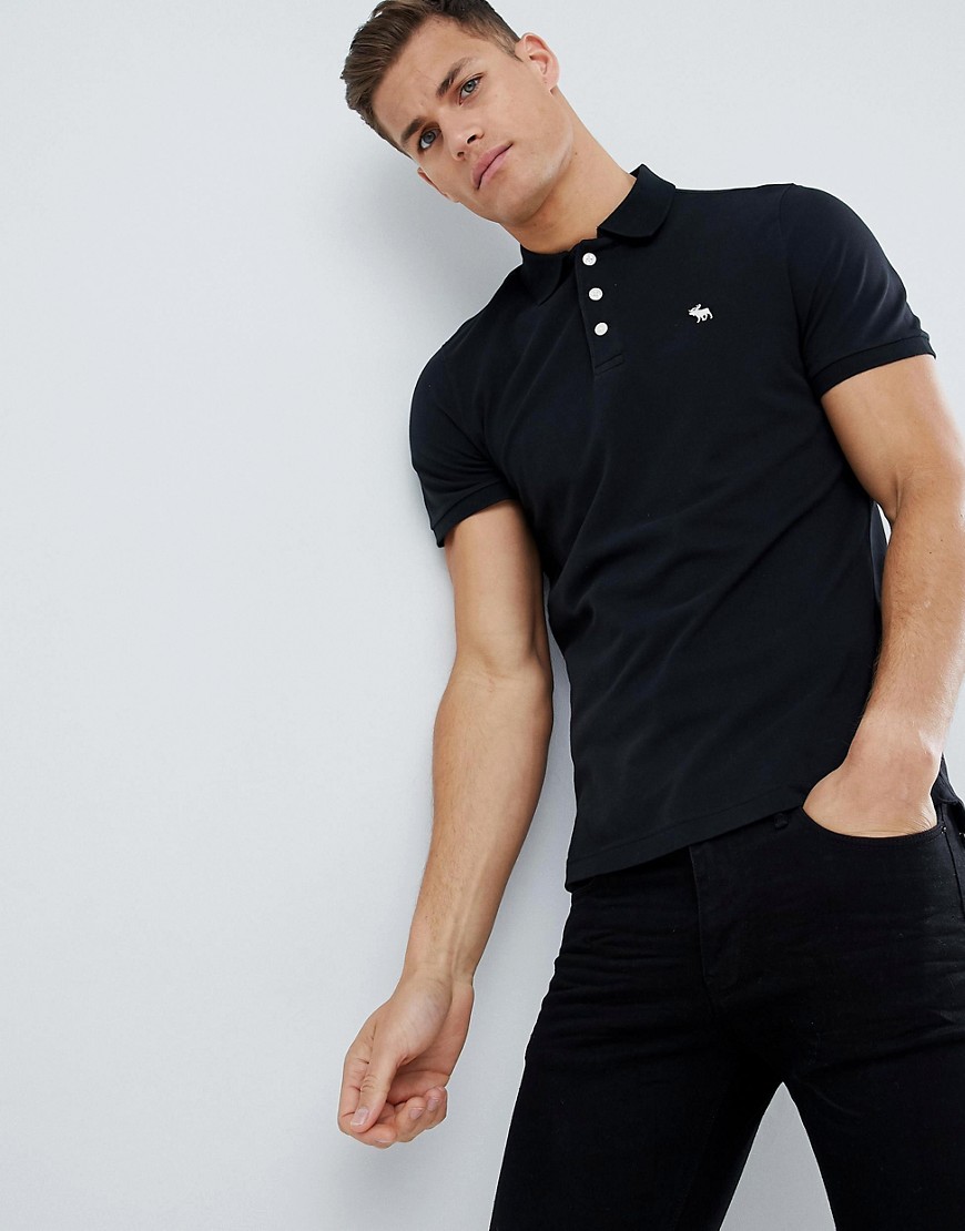 Abercrombie & Fitch pique polo stretch slim fit icon in black