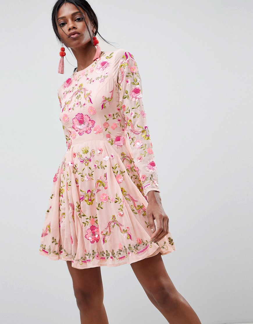 ASOS EDITION Beautiful Embellished Floral Skater Dress - Pink