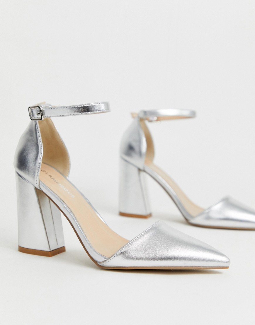 Glamorous silver metallic pointed heeled shoes