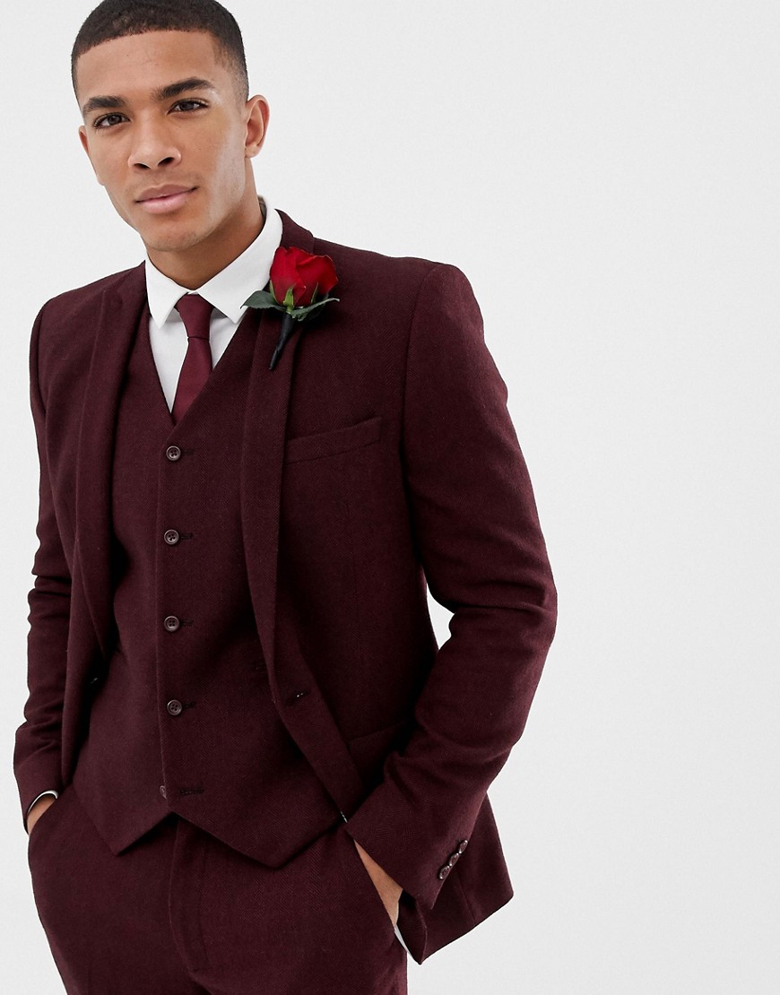 ASOS DESIGN wedding skinny suit jacket in burgundy wool mix herringbone