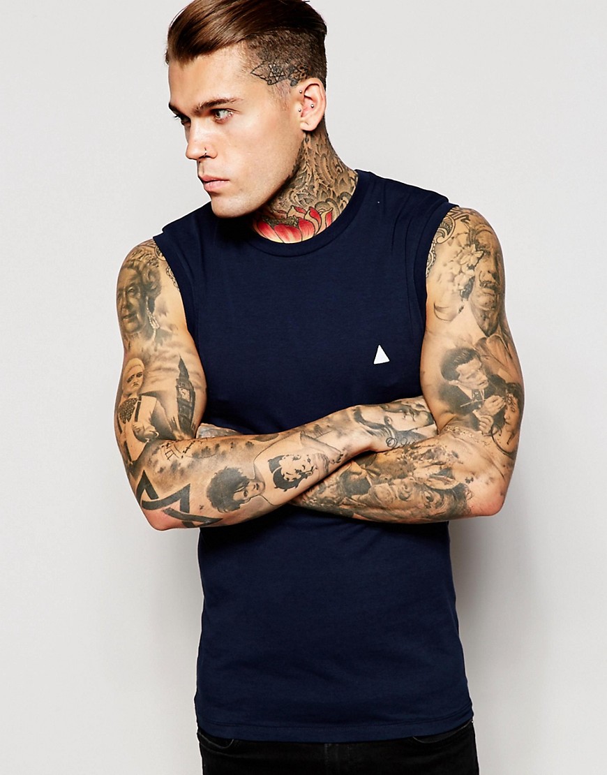 ASOS Extreme Muscle Fit Sleeveless T-Shirt With Chest Embroidery With Stretch - Navy