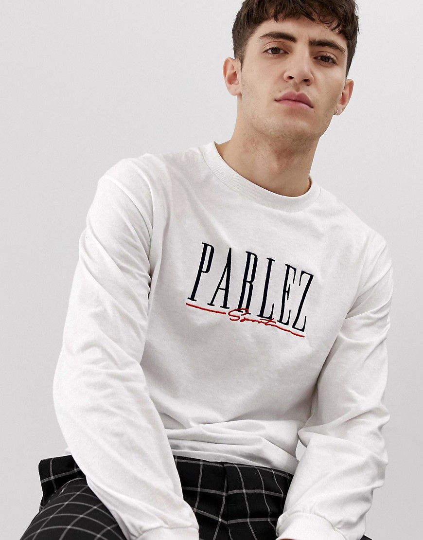 Parlez Johnson long sleeve t-shirt with embroiderd sport script logo in white