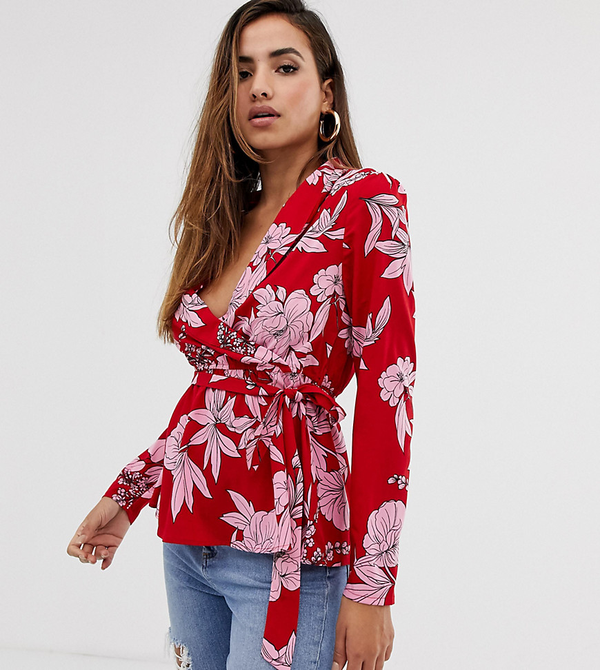 PrettyLittleThing wrap blouse with tie waist in red and pink floral
