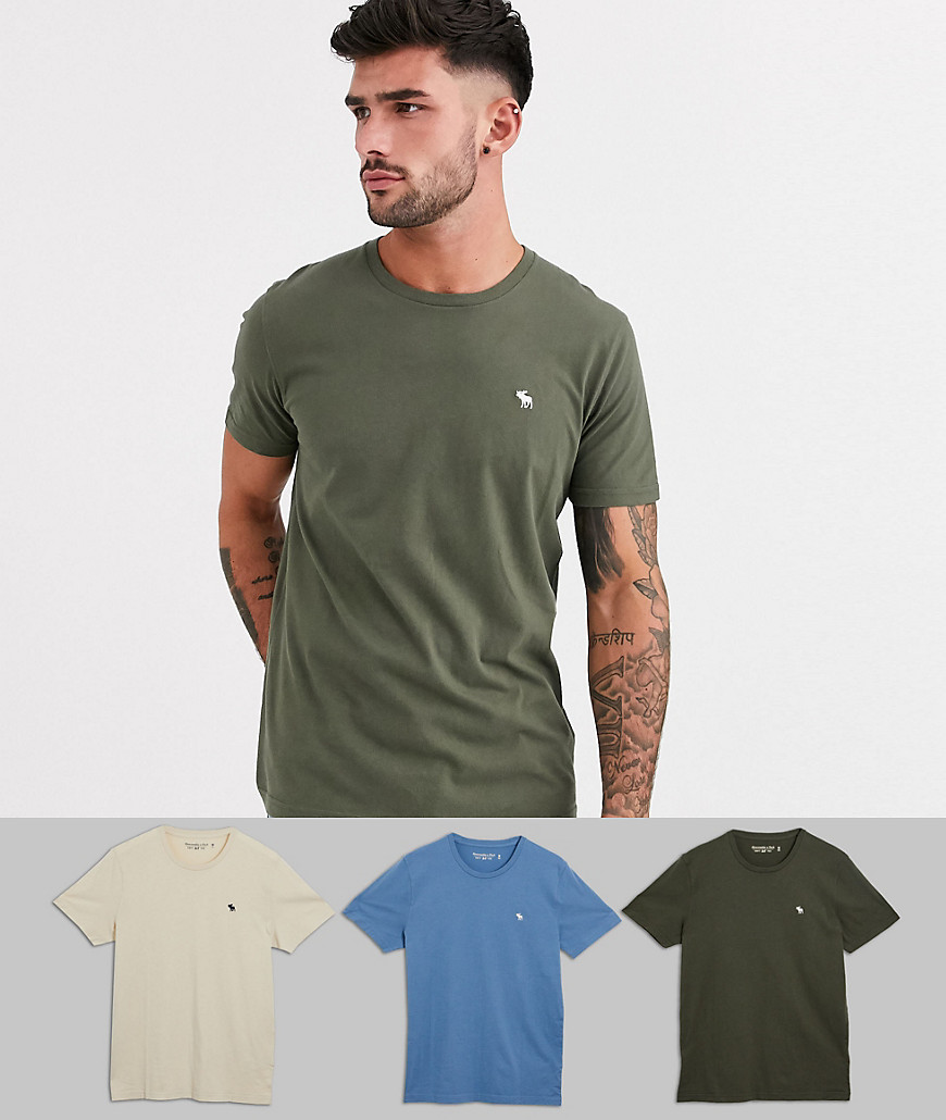 Abercrombie & Fitch 3 pack icon logo crewneck t-shirt in green/fog/blue